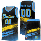 Custom Black Gold and Powder Blue Graffiti Pattern Sports Uniform Basketball Jersey