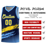 Custom Navy Gold and Powder Blue Graffiti Pattern Sports Uniform Basketball Jersey