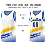 Custom White Yellow and Royal Graffiti Pattern Sports Uniform Basketball Jersey