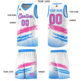 Custom White Pink and Powder Blue Graffiti Pattern Sports Uniform Basketball Jersey