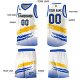 Custom White Yellow and Royal Graffiti Pattern Sports Uniform Basketball Jersey