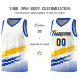 Custom White Yellow and Royal Graffiti Pattern Sports Uniform Basketball Jersey