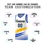 Custom White Yellow and Royal Graffiti Pattern Sports Uniform Basketball Jersey