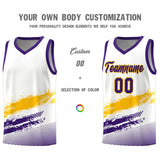 Custom White Yellow and Purple Graffiti Pattern Sports Uniform Basketball Jersey