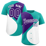 Custom Aqua Purple-White Color Block Personalized Half Heart Pattern Authentic Baseball Jersey