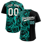 Custom Aqua Black Split Rose Print Authentic Baseball Jersey