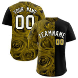 Custom Old Gold Black Split Rose Print Authentic Baseball Jersey