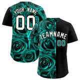 Custom Aqua Black Split Rose Print Authentic Baseball Jersey