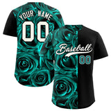 Custom Aqua Black Split Rose Print Authentic Baseball Jersey