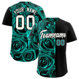 Custom Aqua Black Split Rose Print Authentic Baseball Jersey