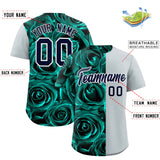 Custom Aqua Silver Split Rose Print Authentic Baseball Jersey