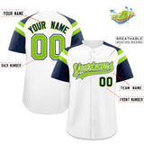 Custom White Navy Contrast Raglan Sleeves Authentic Baseball Jersey