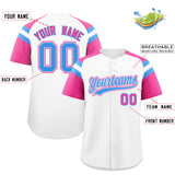Custom White Pink Contrast Raglan Sleeves Authentic Baseball Jersey