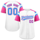 Custom White Pink Contrast Raglan Sleeves Authentic Baseball Jersey