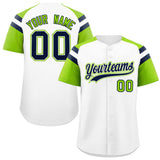 Custom White Neon Green Contrast Raglan Sleeves Authentic Baseball Jersey