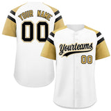 Custom White Old Gold Contrast Raglan Sleeves Authentic Baseball Jersey