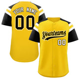 Custom Gold Black Contrast Raglan Sleeves Authentic Baseball Jersey