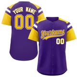Custom Purple Gold Contrast Raglan Sleeves Authentic Baseball Jersey