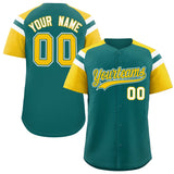 Custom Aqua Gold Contrast Raglan Sleeves Authentic Baseball Jersey