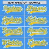 Custom Powder Blue Gold Contrast Raglan Sleeves Authentic Baseball Jersey