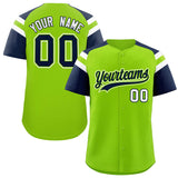 Custom Neon Green Navy Contrast Raglan Sleeves Authentic Baseball Jersey