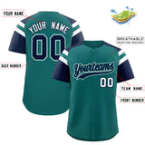 Custom Aqua Navy Contrast Raglan Sleeves Authentic Baseball Jersey