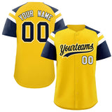 Custom Gold Navy Contrast Raglan Sleeves Authentic Baseball Jersey