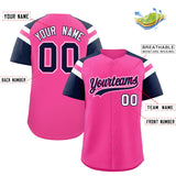 Custom Pink Navy Contrast Raglan Sleeves Authentic Baseball Jersey