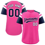Custom Pink Navy Contrast Raglan Sleeves Authentic Baseball Jersey