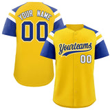 Custom Gold Royal Contrast Raglan Sleeves Authentic Baseball Jersey