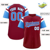 Custom Crimson Powder Blue Contrast Raglan Sleeves Authentic Baseball Jersey