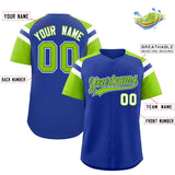 Custom Royal Neon Green Contrast Raglan Sleeves Authentic Baseball Jersey