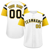 Custom White Gold Contrast Raglan Sleeves Authentic Baseball Jersey