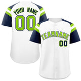 Custom White Navy Contrast Raglan Sleeves Authentic Baseball Jersey