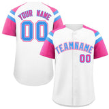 Custom White Pink Contrast Raglan Sleeves Authentic Baseball Jersey