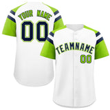 Custom White Neon Green Contrast Raglan Sleeves Authentic Baseball Jersey