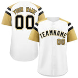 Custom White Old Gold Contrast Raglan Sleeves Authentic Baseball Jersey