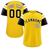 Custom Gold Black Contrast Raglan Sleeves Authentic Baseball Jersey