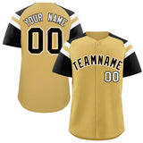 Custom Old Gold Black Contrast Raglan Sleeves Authentic Baseball Jersey
