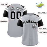 Custom Silver Black Contrast Raglan Sleeves Authentic Baseball Jersey