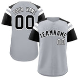 Custom Silver Black Contrast Raglan Sleeves Authentic Baseball Jersey