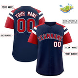 Custom Navy Red Contrast Raglan Sleeves Authentic Baseball Jersey