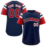 Custom Navy Red Contrast Raglan Sleeves Authentic Baseball Jersey