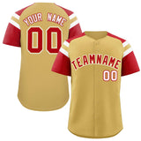 Custom Old Gold Red Contrast Raglan Sleeves Authentic Baseball Jersey