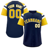 Custom Navy Gold Contrast Raglan Sleeves Authentic Baseball Jersey