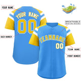 Custom Powder Blue Gold Contrast Raglan Sleeves Authentic Baseball Jersey