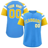 Custom Powder Blue Gold Contrast Raglan Sleeves Authentic Baseball Jersey