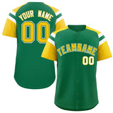 Custom Kelly Green Gold Contrast Raglan Sleeves Authentic Baseball Jersey