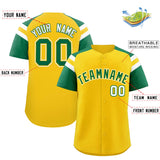 Custom Gold Kelly Green Contrast Raglan Sleeves Authentic Baseball Jersey