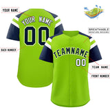 Custom Neon Green Navy Contrast Raglan Sleeves Authentic Baseball Jersey